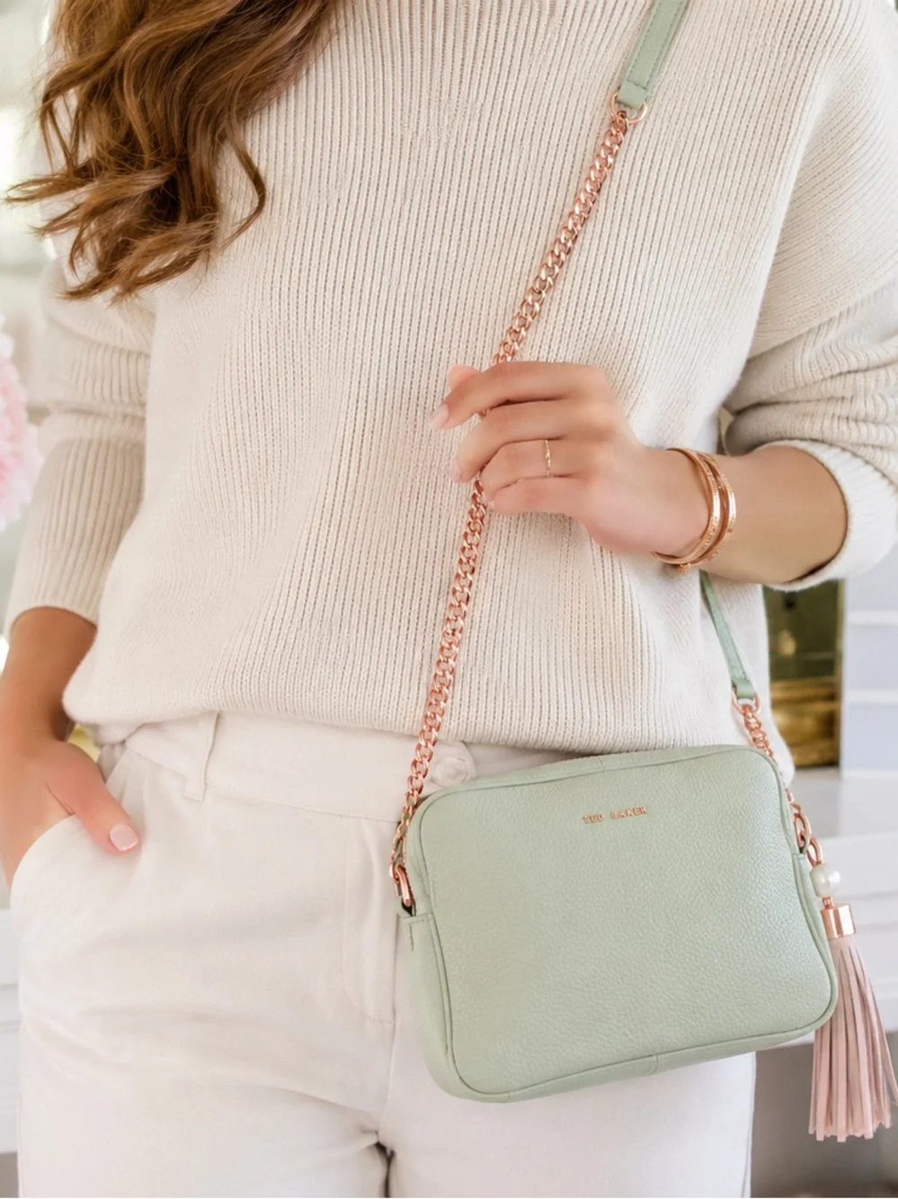 Ted Baker Mint Green Leather Camera Crossbody Rose Gold Tassel Bag